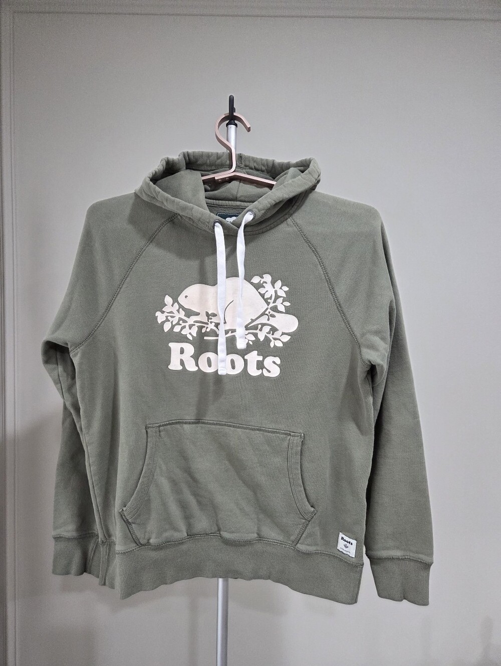 Roots Olive Green Logo Hoodie with White Drawstrings Sz.M
